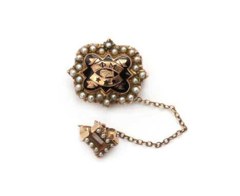 An American gold enamel and split pearl Phi Mu sorority badge, of quatrefoil outline with central enamel ΦΜ, a hand holding a
