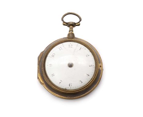 A gilt metal verge fusee pair cased pocket watch,53mm diameter with a white enamel dial and black Arabic numerals, the moveme