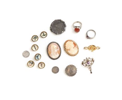 A collection of jewellery,to include a 15ct gold ruby and seed pearl floral brooch, hallmark worn possibly Chester, the pin t