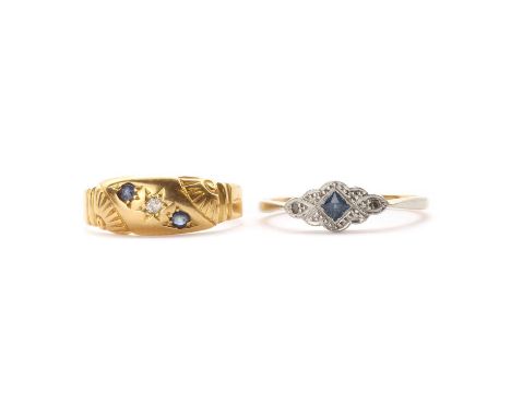 An 18ct gold sapphire and diamond three stone ring, with sunrise engraving to each shoulder, Chester, together with a gold sa