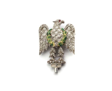 An eagle enamel, ruby and diamond brooch,a round ruby cabochon eye, grain set, to eight cut and rose cut diamonds, grain set,