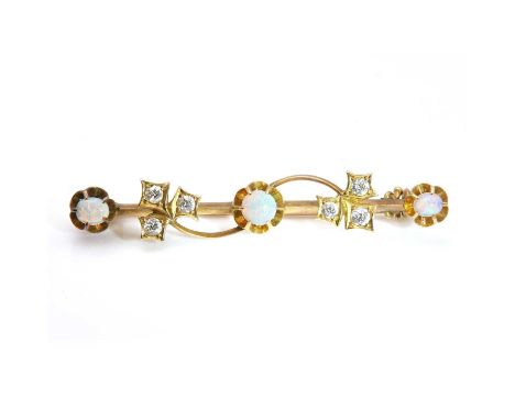 An Art Nouveau gold opal and diamond bar brooch,three graduated cabochon opals claw set to fluted collets at the centre and t