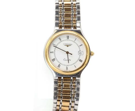 A gentlemen's bi-colour Longines quartz bracelet watch, 32mm diameter, with a white enamel dial, black Roman numerals and dat