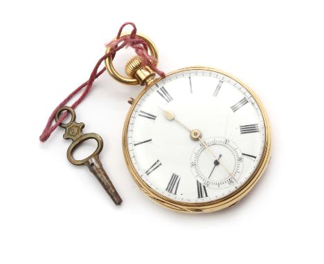 An 18ct gold key wind pin set open faced fob watch,42mm diameter, with a white enamel dial, black Roman numerals and subsidia