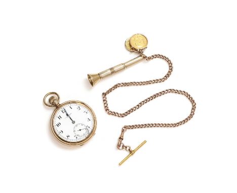 A 9ct gold J.W.Benson top wind open faced pocket watch,49mm diameter, a white enamel dial, black Arabic numerals, blued spade