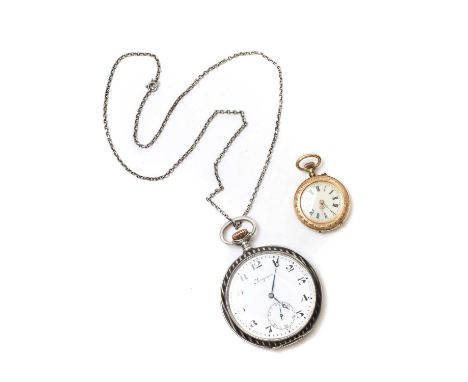 A silver niello Longines open faced pocket watch, 50mm diameter, with a white enamel dial signed Longines, black Arabic numer