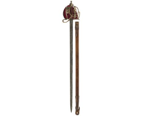 A VICTORIAN SCOTTISH BASKET HILTED SWORD, 83.5cm blade, regulation type brass hilt composed of flattened rounded bars united 