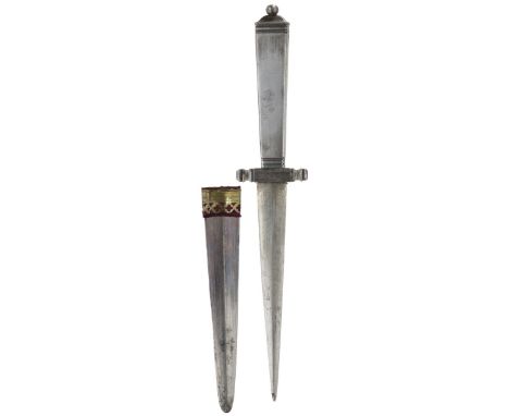 A 19TH CENTURY SOUTH EUROPEAN ALL STEEL DAGGER, 12.25cm flattened diamond section blade with traces of etched foliate decorat