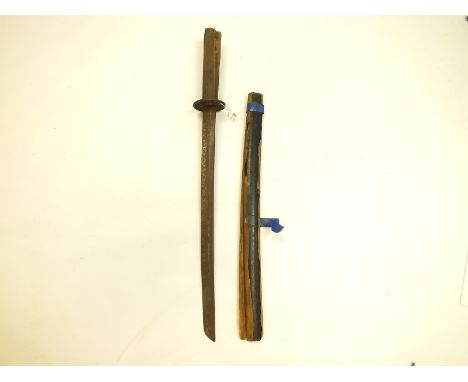 (NOT ILLUSTRATED) A WORN WAKIZASHI, a Kaskara seized in scabbard, a further kaskara blade, a Burmese Dha, an African Tribal s