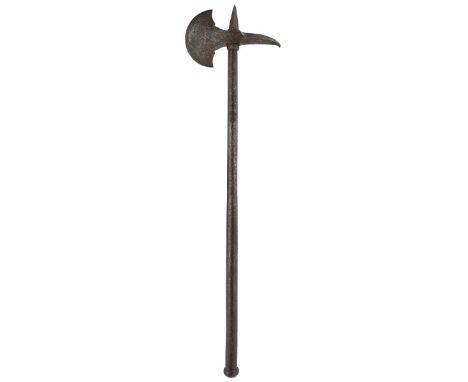 A EUROPEAN KNIGHTLY WAR HAMMER OR AXE, the 12cm heavy face with profuse etched decoration composed of scrolling foliate and s