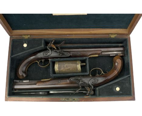 A CASED PAIR OF IRISH 16-BORE FLINTLOCK DUELLING PISTOLS BY CLARKE, 10.25inch sighted octagonal swamped barrels signed Clarke