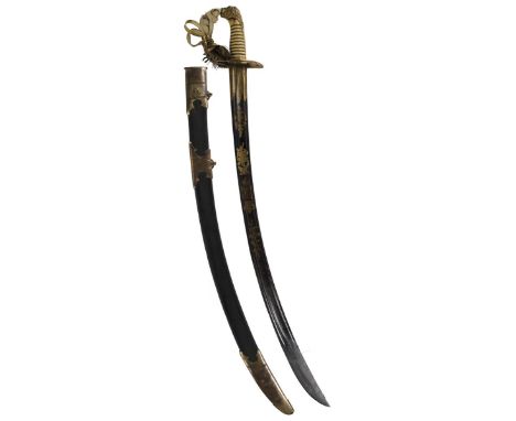 A RARE EAST INDIA COMPANY 1803 PATTERN INFANTRY OFFICER'S SWORD, 76cm sharply curved double fullered blued and gilt blade dec