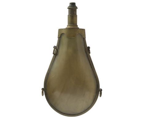 A CONTINENTAL BRASS MOUNTED HORN POWDER FLASK, the pear shaped body with four suspension mounts and graduated top.