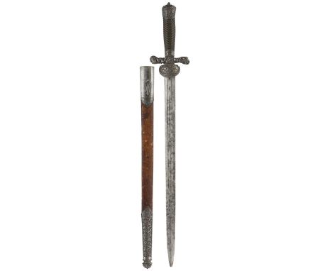 A FINE QUALITY LATE 18TH CENTURY CONTINENTAL HUNTING CUTLASS, 47.5cm double fullered flattened diamond section blade, finely 