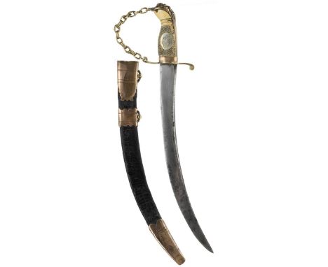 A GEORGIAN NAVAL OFFICER'S DIRK, 32.5cm sharply curved fullered blade, regulation copper hilt with lion's head pommel and lat