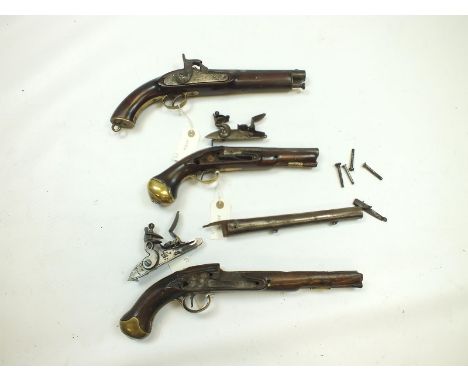 (NOT ILLUSTRATED) AN 18TH CENTURY 28-BORE FLINTLOCK HOLSTER PISTOL, restocked and lock detached but present, together with a 