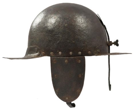 A 17TH CENTURY SIEGE WEIGHT POT OR HELMET, the two-piece seamed and riveted skull with pointed peak and neck guard, the forme