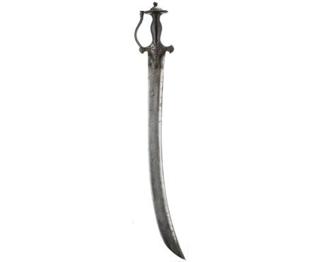 AN UNUSUAL INDIAN SHORT TULWAR, 53.5cm curved blade struck with a maker's mark at the forte, characteristic iron hilt with si