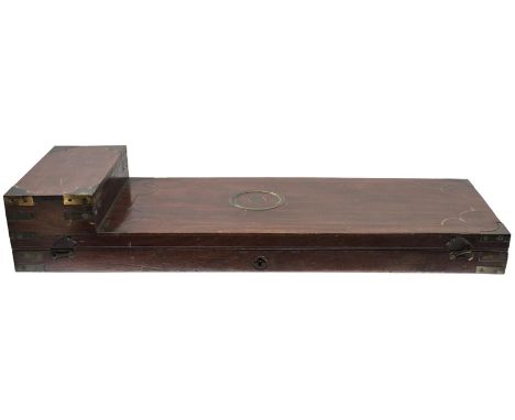 AN UNUSUAL BRASS BOUND MAHOGANY GUN CASE, the brass inlaid mahogany case with flush fitting handle, contemporary modification