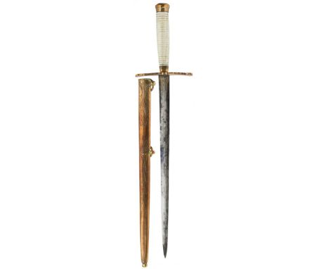 A GEORGIAN NAVAL OFFICER'S DIRK, 25cm hollow ground blade etched with scrolling foliage with traces of blued and gilt finish,