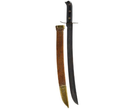 A DUTCH KLEWANG, 45cm curved fullered blade, steel crossguard, riveted two-piece composition grips, contained in its brass mo