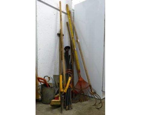 Miscellaneous garden tools, including a galvanised watering can
