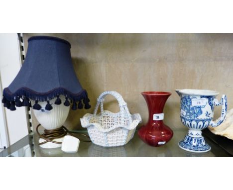 A Belleek type basket, together with table lamp, Pilkington vase, blue and white jug (4)