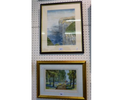 A framed limited edition print  signed Ken Perry depicting Bempton Cliffs, together with a gilt framed picture woodland scene