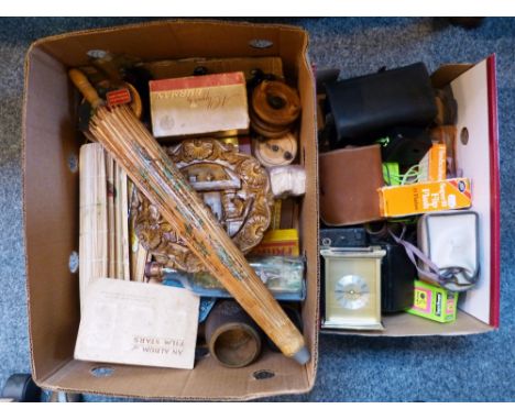 A ship in a bottle, vintage fishing reels, miscellaneous cameras including Kodak Brownie, carriage clock etc