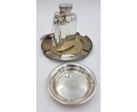 Hallmarked Silver Hip Flask, a Trinket Dish and an Ashtray - all Birmingham, c.128grams 