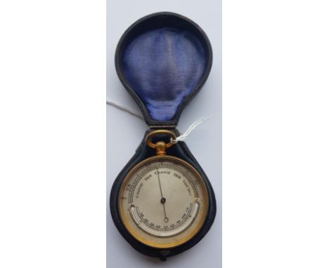 Victorian Brass Case Pocket Barometer in it's original silk lined leather holder 
