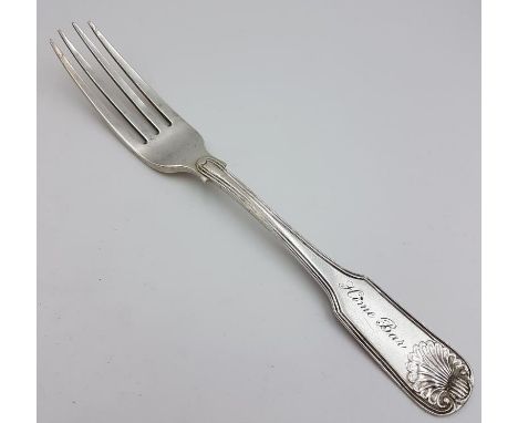 Georgian Irish "Fiddle" Pattern Dinner Fork with shell design, engraved "Home Bar", Hallmarked Dublin c.1809 with maker's mar