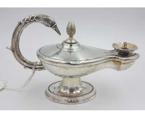 Silver "Genie" Type Oil Lamp, Hallmarked Birmingham c.1909 by Arthur & John Zimmermann, c.205grams, c.10cm tall 
