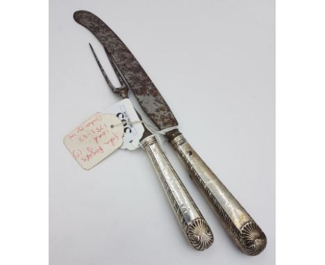 Georgian Cork Silver Handle Carving Knife and Fork, each piece marked Sterling and IR (possibly John Rickotts) - both as foun