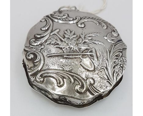 Edwardian Silver Trinket Box embossed with farming tools on the top and musical instruments on the base, with a hinged lid, g