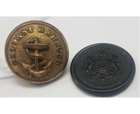 Belfast Harbour Brass Button by J Croker Dame St. Dublin and a Belfast Tramways 3D Token (2) 
