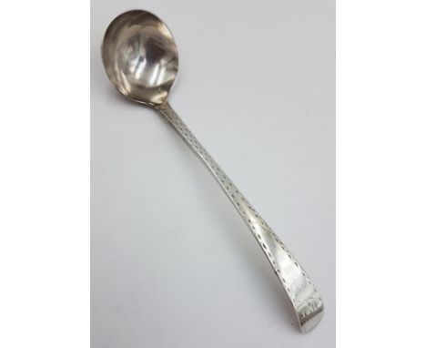 Rare 18th Century Bright Cut Cork Silver Sauce Ladle, marked Sterling and with mark of Terry Carden, c.1785, c.19grams and c.