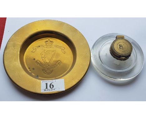 Royal Irish Rifles Brass Ashtray, 6in diam. and a Military Interest Brass and Glass Inkwell (2) 