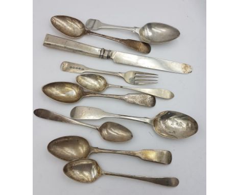 Collection of Irish Silver Spoons (8), a fork and a knife, c.190grams 