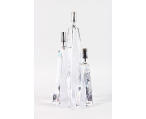 A HEAVY DAUM GLASS THREE LIGHT CANDLESTICK. Engraved Daum, France.  11ins high.