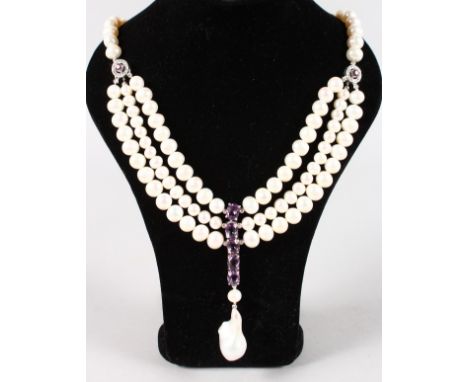 A SILVER, AMETHYST, PEARL AND BAROQUE PEARL NECKLACE.