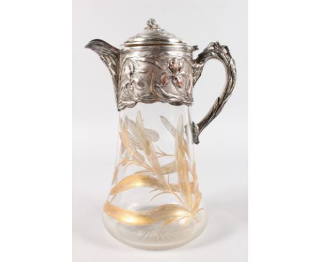 A GOOD ART DECO FRENCH LEMONADE JUG, the body engraved with gilt leaves and with a good quality plated mount.