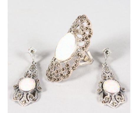 A SILVER, GILSON OPAL AND MARCASITE RING and EARRINGS.