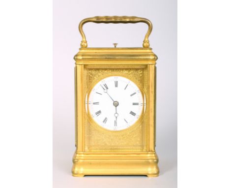 A VERY GOOD FRENCH BRASS CARRIAGE CLOCK by DROCOURT, with repeat action, striking on a gong, with plain case, white and black