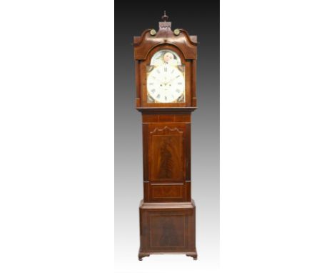 A LARGE 19TH CENTURY MAHOGANY LONGCASE CLOCK, the movement by DENNETT, ST HELENS, with eight-day, moonface and painted dial w