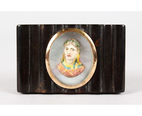 A RARE RIBBED TORTOISESHELL SNUFF BOX, the lid with a portrait of BONAPARTE.  3.25ins long.
