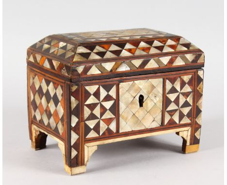 AN EARLY TURKISH RECTANGULAR BOX AND COVER inset with mother-of-pearl, opening to reveal a mirror in the lid, supported on br