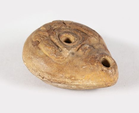 TERRA COTTA OIL LAMP, 3.25ins long. Bears label Banks of The Nile.