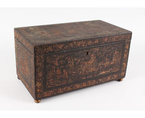 A LARGE CHINESE BLACK LACQUER TWO-DIVISION TEA CADDY decorated with Chinoiserie, supported on brass ball feet. 13ins long.