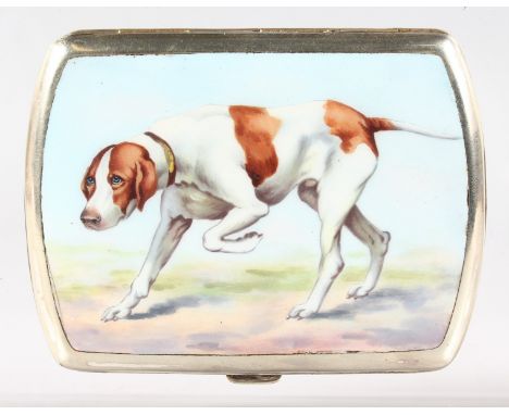 A CONTINENTAL SILVER .800 CIGARETTE CASE, the top with an enamel of a dog.